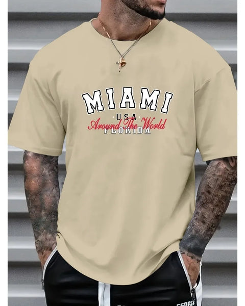 MIAMI Graphic Print Men's Creative Top, Casual Short Sleeve Crew Neck T-shirt, Men's Clothing For Summer Outdoor