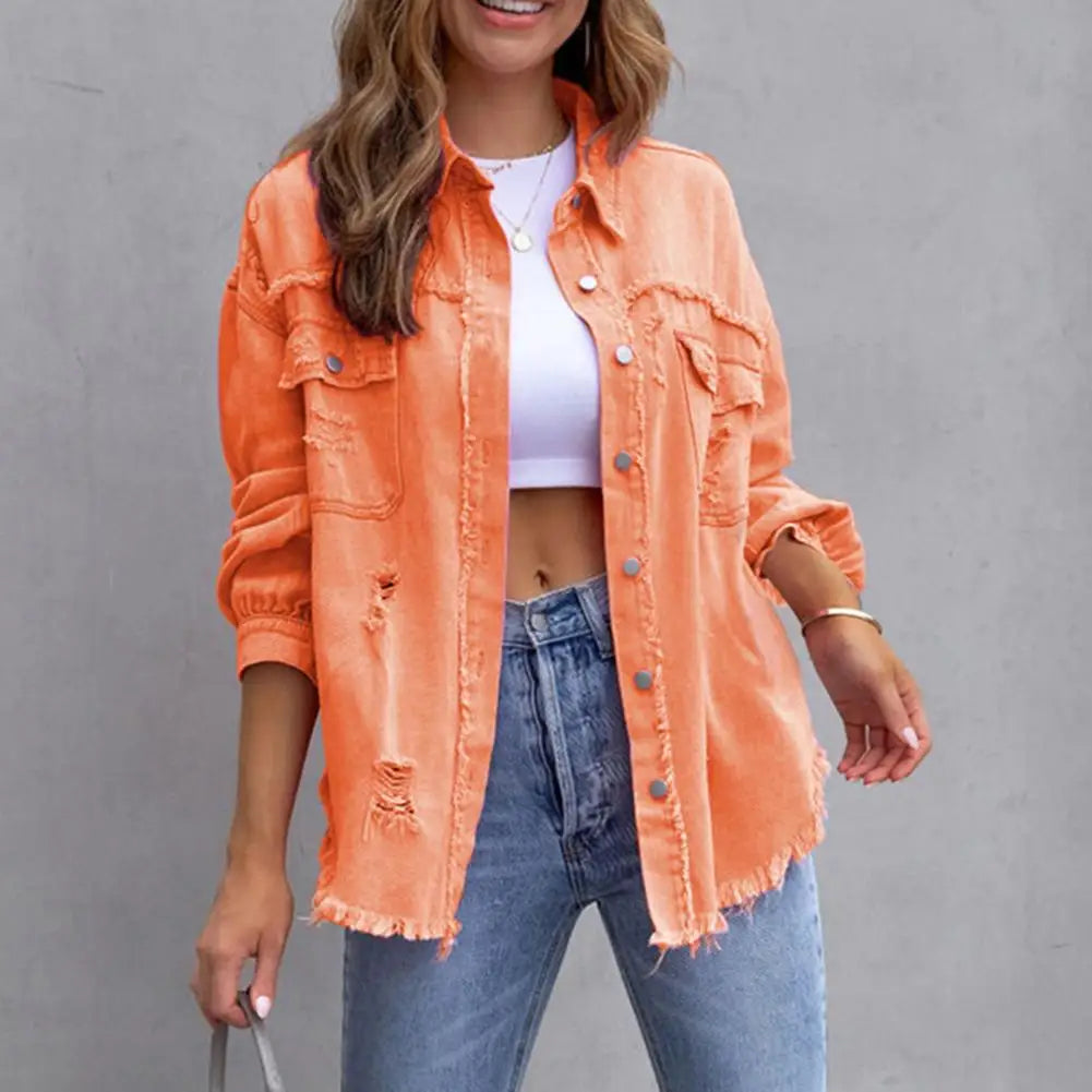 Women Denim Jackets Ripped Pocket