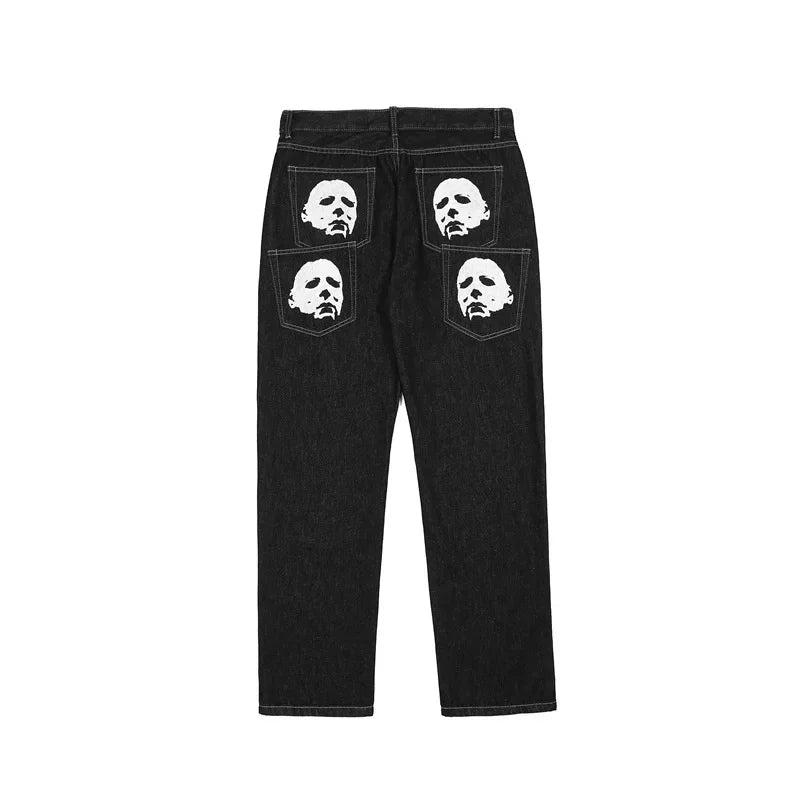 American Style High Street Skeleton Printing Jeans Loose Fit Straight Leg Wide Leg Trousers Trendy Casual Streetwear