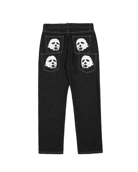 American Style High Street Skeleton Printing Jeans Loose Fit Straight Leg Wide Leg Trousers Trendy Casual Streetwear