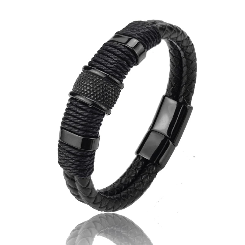 Luxury Vintage Multilayer Brown Leather Stainless Steel  Men Bracelet