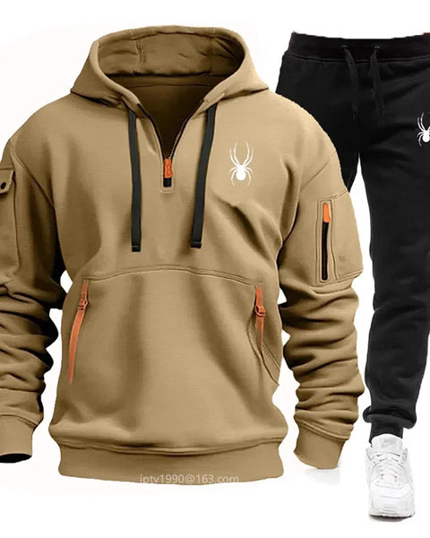 Winter men's multi-pocket zipper hoodie + sweatpants jogging clothing set