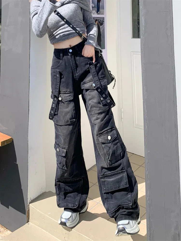 Streetwear  Multi Pockets Black Baggy Cargo Jeans