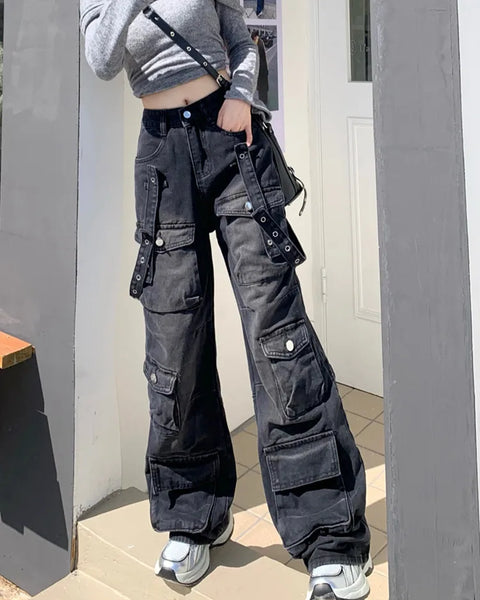 Streetwear  Multi Pockets Black Baggy Cargo Jeans