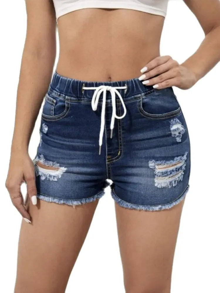 Summer New Women Elastic Waist Ripped Denim Shorts Fashion High Stretch