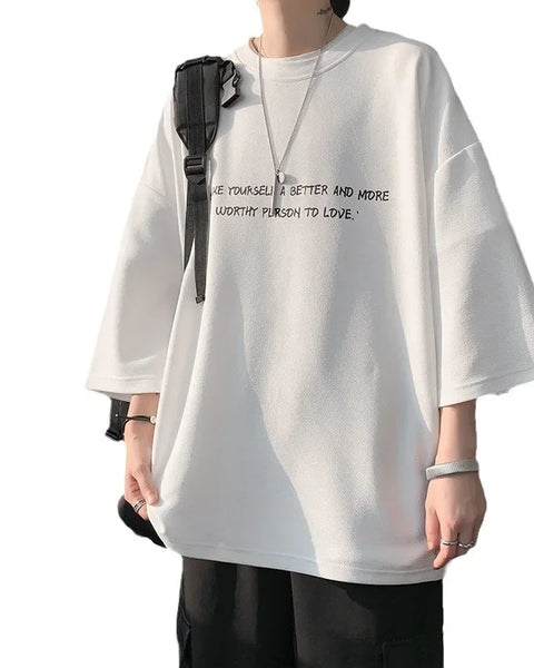 Loose Ice Silk Men's T-shirt Short Sleeve Oversize Feeling Five-Quarter Sleeve Fashionable Casual Summer Crew Neck Top