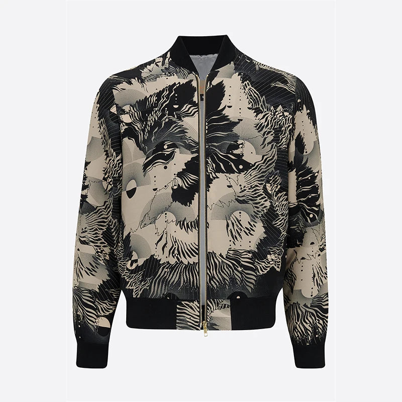 Luxury Retro Print Men's Jacket Black Flower Streetwear Zipper