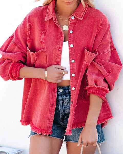 Women Fashion Ripped Denim Jacket Turn Down Collar Long Sleeve