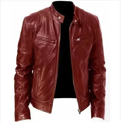 Men's PU Leather Jacket Stand Neck Zipper Slim Fit