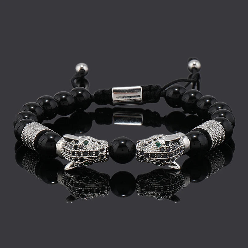 Luxury Black Stone Beads Man Bracelet Leopard Head Charms Women Bracelets