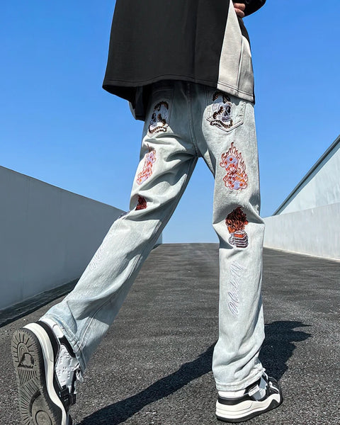 Streetwear Y2k Skull Print Flare Jeans Men Hip Hop Straight Fashion Baggy Denim Pants Wide Leg Techwear Casual Long Trousers