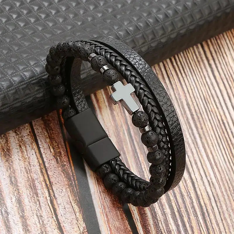 Vintage Men's Leather Bracelet Hand-Woven Multilayer Leather