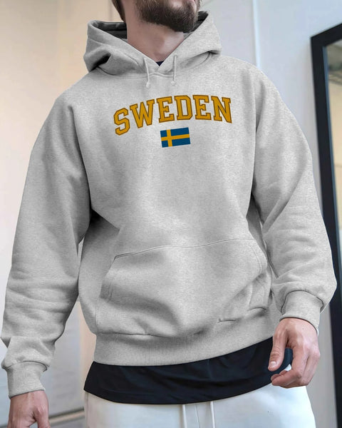 Men's Sweden Flag Graphic Hoodie - Black Velvet Fleece Sweatshirt with Yellow Lettering, Regular Fit Casual Winter Pullover