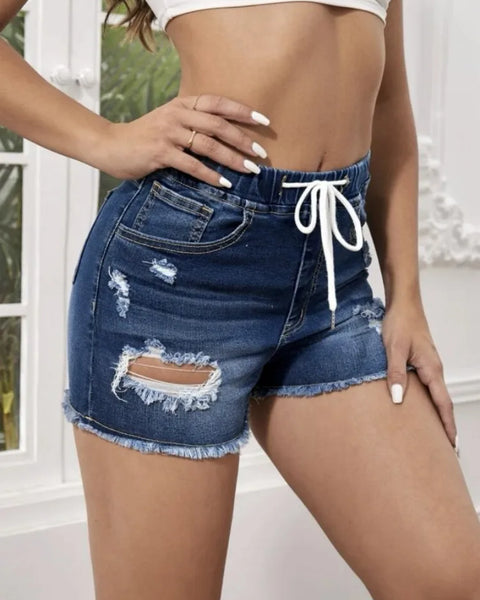 Summer New Women Elastic Waist Ripped Denim Shorts Fashion High Stretch