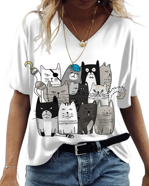 Cute Cats Graphics Print Short Sleeve Fashion Casual Tees