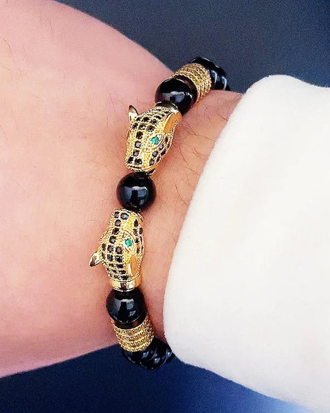 Luxury Black Stone Beads Man Bracelet Leopard Head Charms Women Bracelets