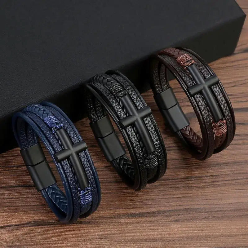 Vintage Men's Leather Bracelet Hand-Woven Multilayer Leather