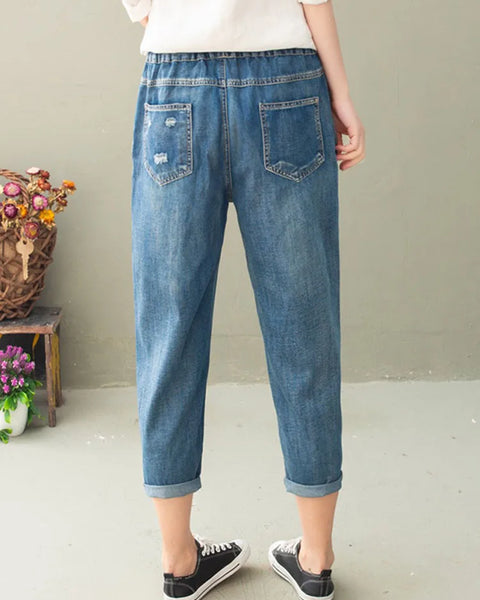 Women's Vintage Floral Loose Denim Pants