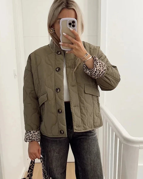 Women's Jacket Retro O-neck Long Sleeve Single Breasted Solid Front Pocket Quilted Loose Outwear Fall Winter