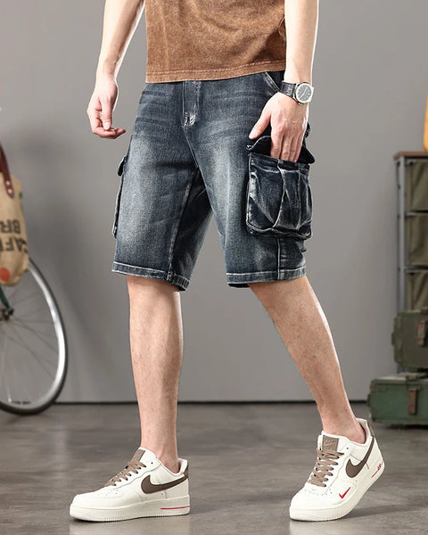 Summer new elastic American retro multi -pocket tools for denim shorts