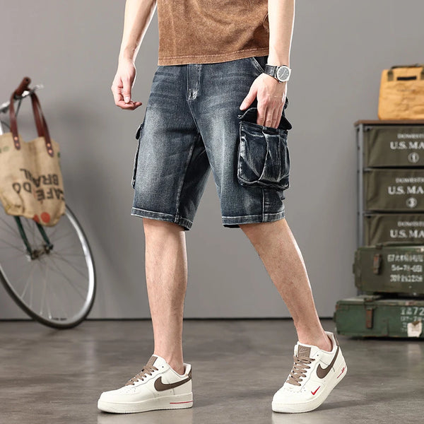 Summer new elastic American retro multi -pocket tools for denim shorts