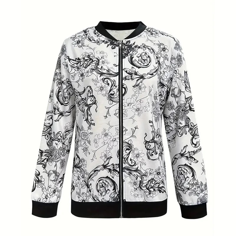 Luxury Retro Print Men's Jacket Black Flower Streetwear Zipper