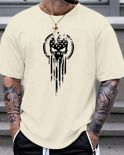 Men's 100% cotton summer fashion casual loose fit oversized Skull pattern printed sports round neck short sleeved T-shirt top