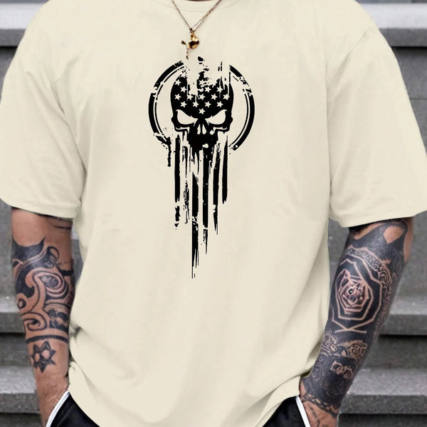 Men's 100% cotton summer fashion casual loose fit oversized Skull pattern printed sports round neck short sleeved T-shirt top
