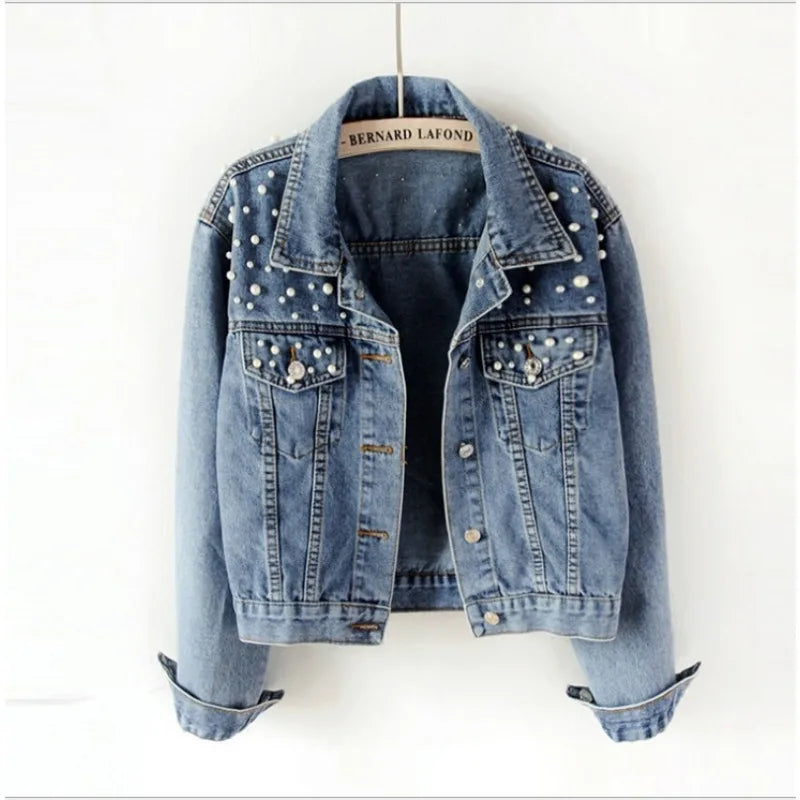 Women's Short Denim Jacket Beaded Pearl Jacket