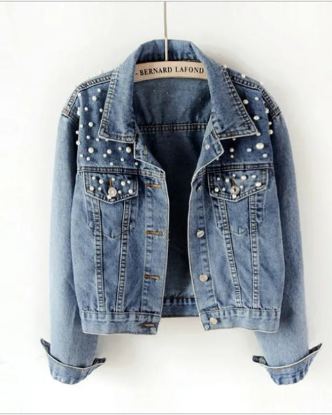 Women's Short Denim Jacket Beaded Pearl Jacket