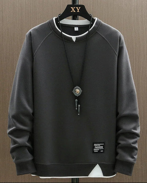 2025 New Mens Casual Sweatshirts Harajuku Solid Color Fashion Fake Two Pieces O-Neck Sweatshirt Hoodies Hip Hop Male Streetwear