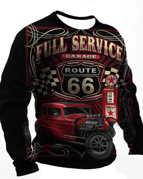 Vintage Men Route 66 Print Long Sleeve Tops Outdoor Biker T Shirt