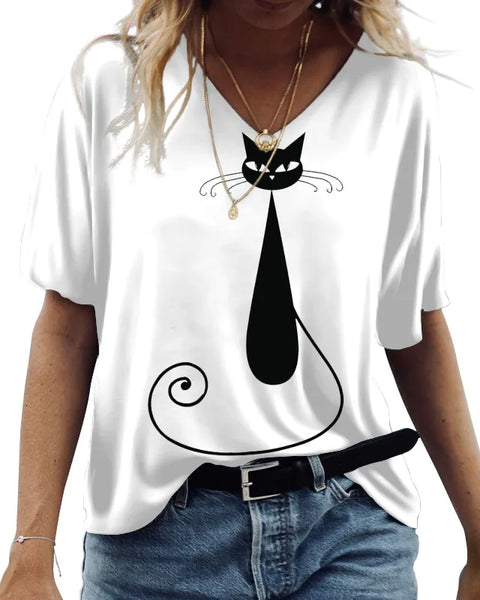 Cute Cats Graphics Print Short Sleeve Fashion Casual Tees