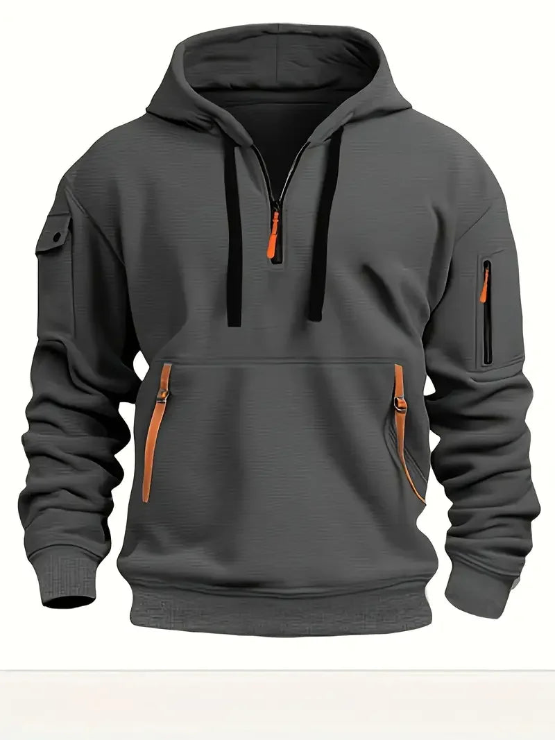 Men's Fashionable Hooded Sweatshirt with Multiple Pockets and Zippers, Casual Long Sleeved Pullover, Regular Fit, Solid Color Kn