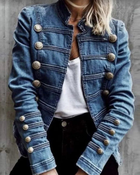 Vintage Button Décor Short Denim Slim Jackets Women