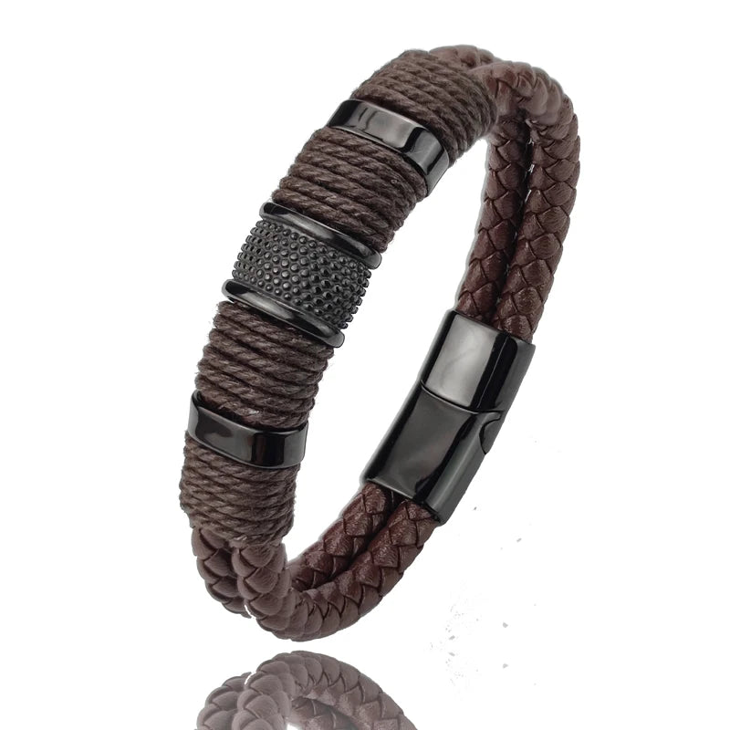 Luxury Vintage Multilayer Brown Leather Stainless Steel  Men Bracelet