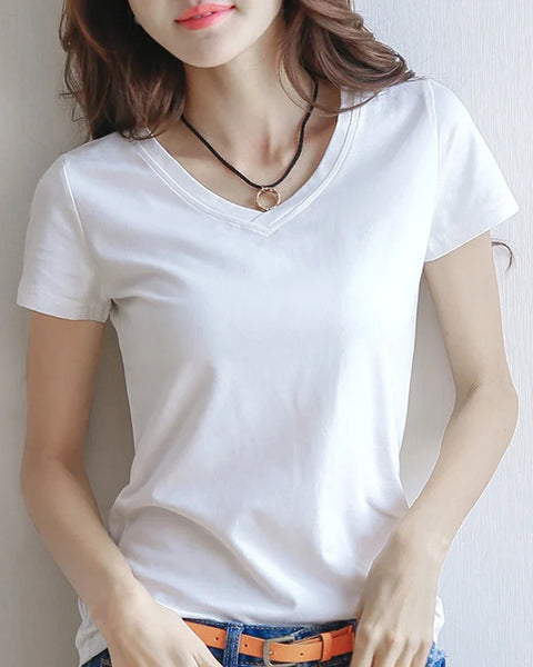 Fashion Women Spring Summer Cotton T-shirt Short Sleeve Female Tee Slim Solid Color T-Shirt Casual Breathable Tops