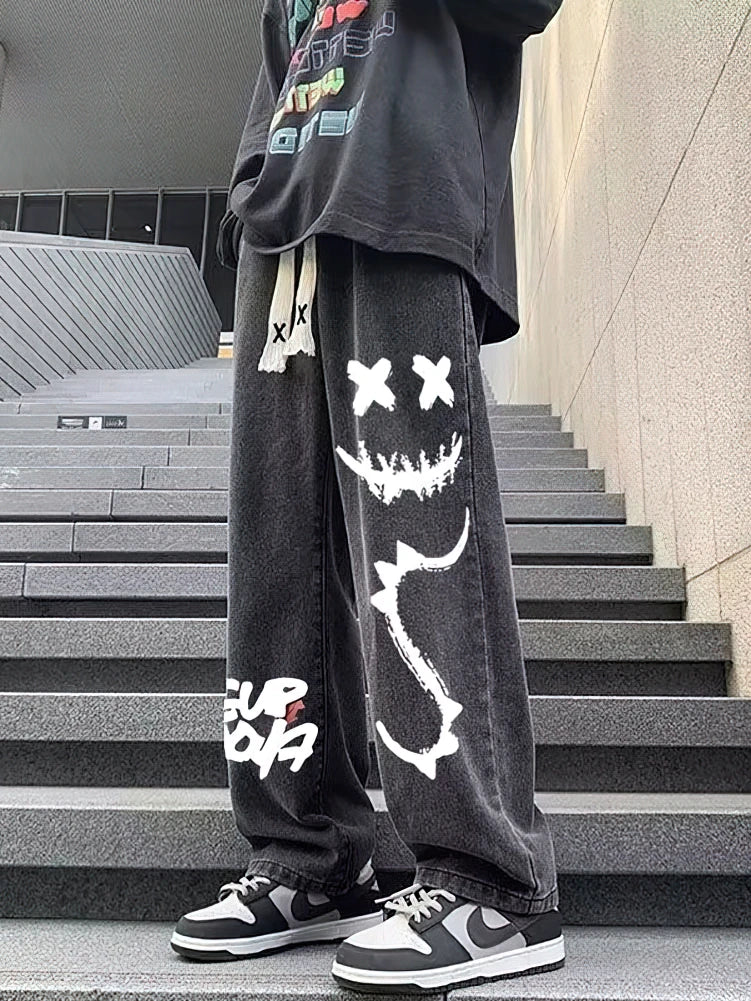 Oversize  Hip hop  Style Streetwear Y2k Printed Black Denim Baggy Pants