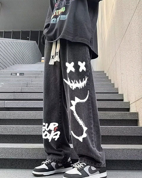 Oversize  Hip hop  Style Streetwear Y2k Printed Black Denim Baggy Pants