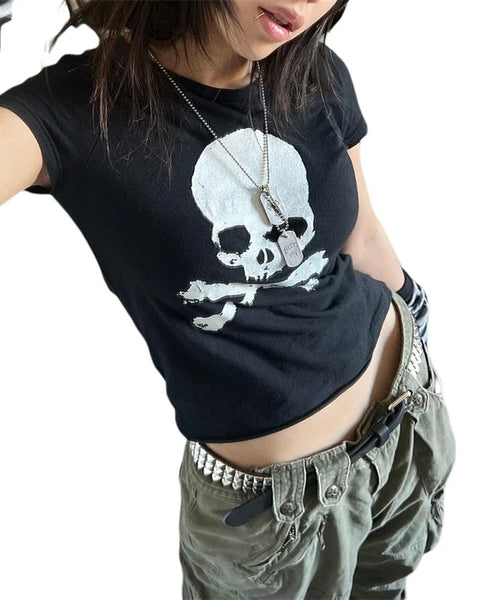 Vintage Grunge Graphic Print Short Sleeve T-Shirt Y2k Slim Crop Top Gothic Skull Punk Streetwear Women's Tee Summer Casual 90s