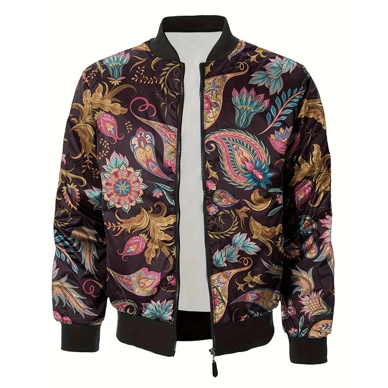 Luxury Retro Print Men's Jacket Black Flower Streetwear Zipper