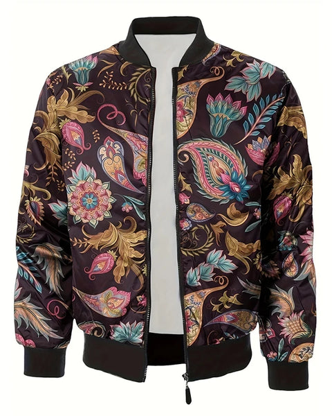 Luxury Retro Print Men's Jacket Black Flower Streetwear Zipper