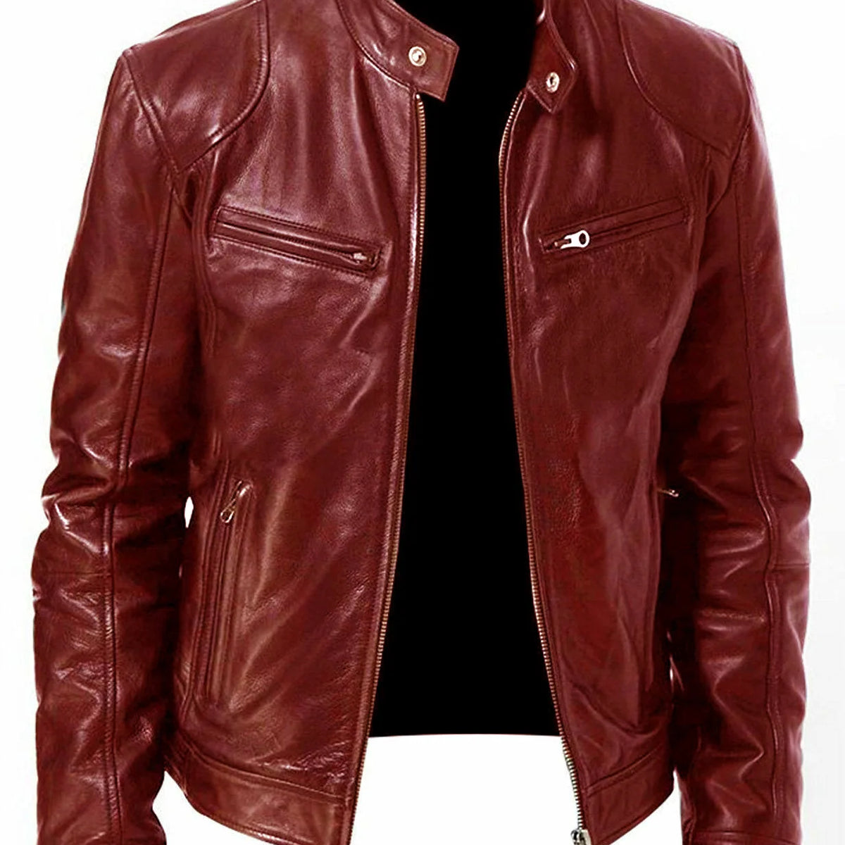 Men's PU Leather Jacket Stand Neck Zipper Slim Fit