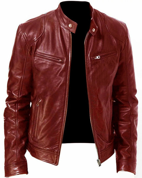 Men's PU Leather Jacket Stand Neck Zipper Slim Fit