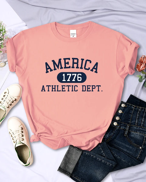 America 1776 Athletic Dept Letter T-Shirt Female Sport Casual Crop Top Cool Hip Hop Tee Shirt Soft Breathable T Shirt Women