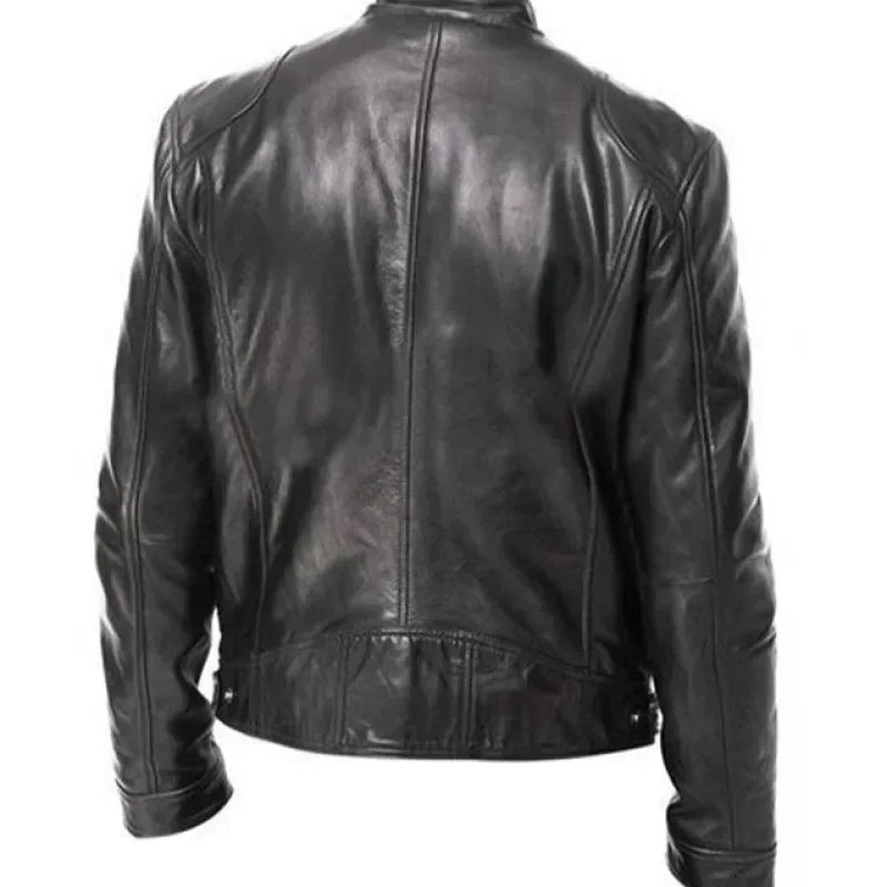 Men's PU Leather Jacket Stand Neck Zipper Slim Fit