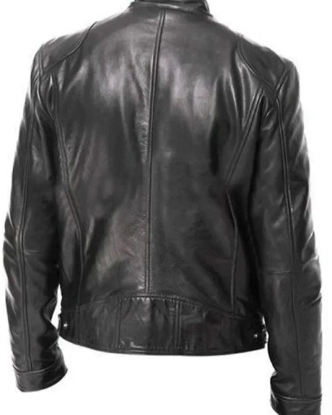 Men's PU Leather Jacket Stand Neck Zipper Slim Fit