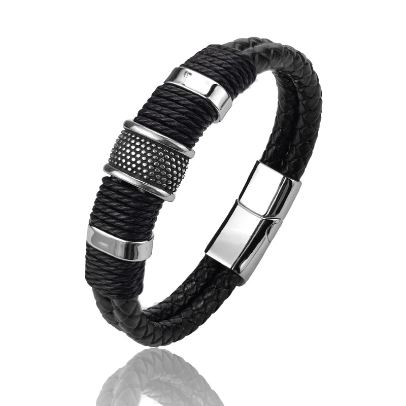 Luxury Vintage Multilayer Brown Leather Stainless Steel  Men Bracelet