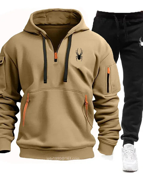 Winter men's multi-pocket zipper hoodie + sweatpants jogging clothing set