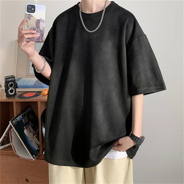 Men's Suede Short Sleeve T-shirt Vintage Loose T-shirts Women Casual Oversized T Shirt O Neck Retro Harajuku Tops Tees New 2023